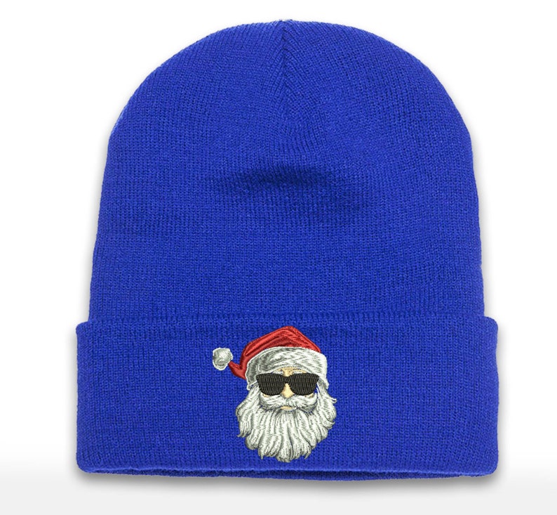 Embroidered Santa Shades Beanie - Christmas Cuffed Hat