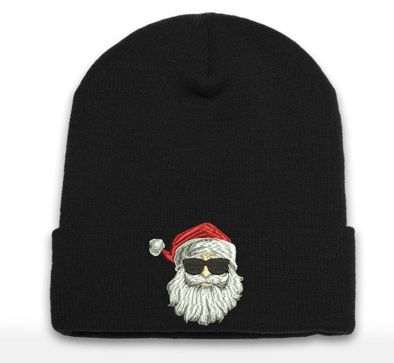 Embroidered Santa Shades Beanie - Christmas Cuffed Hat