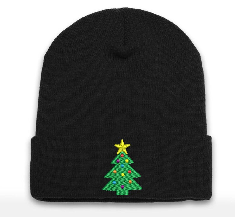 Christmas Tree Embroidered Beanie: Holiday Cuffed Cap