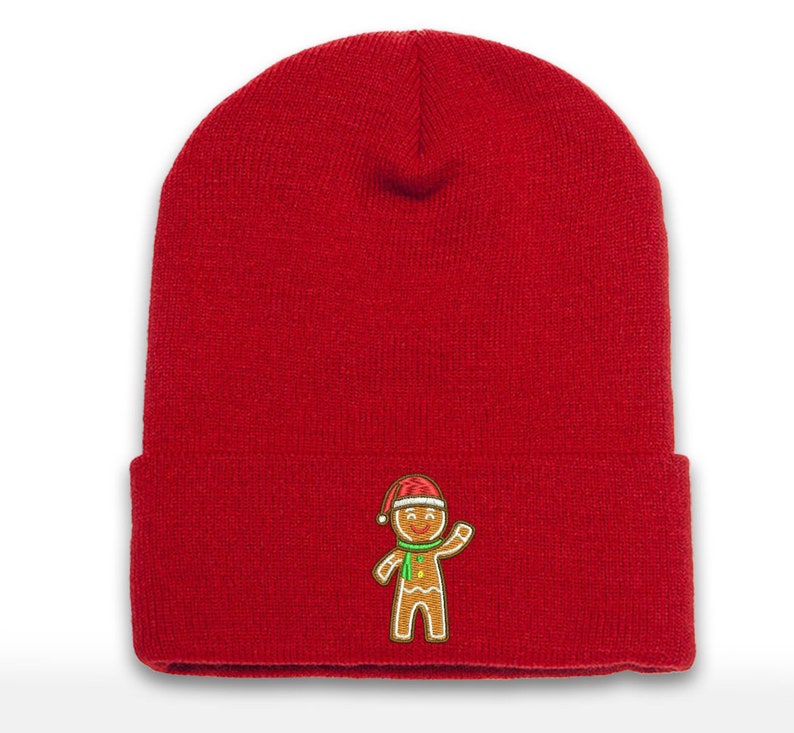 Gingerbread Man Embroidered Cuffed Beanie - Christmas Holiday Cheer