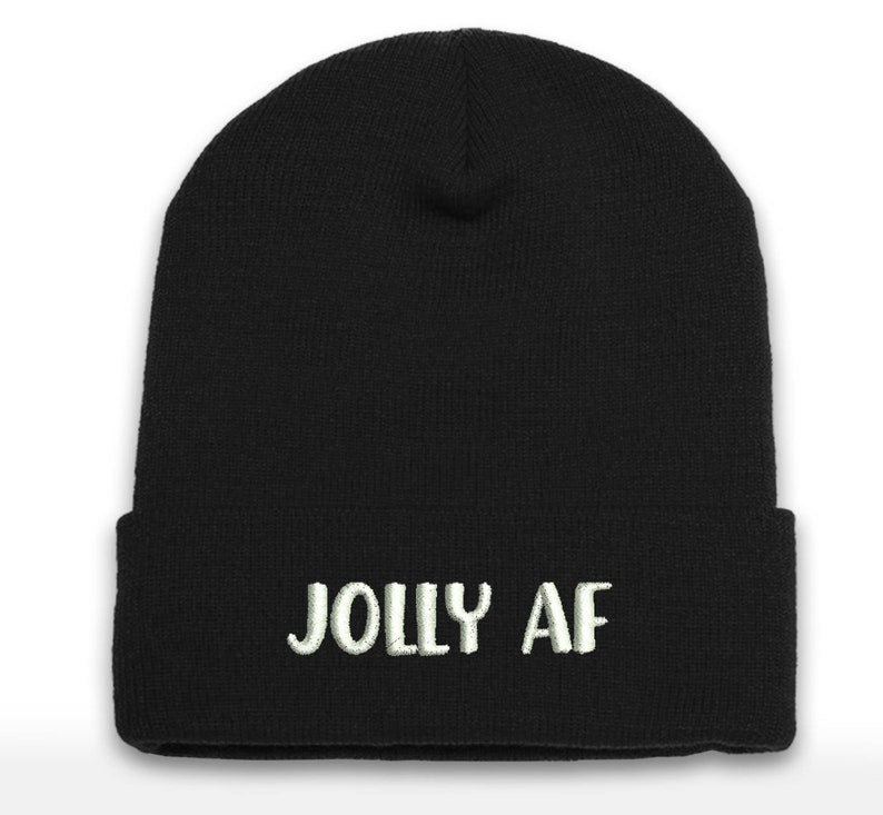 JOLLY AF Embroidered Christmas Beanie: Cuffed Holiday Hat