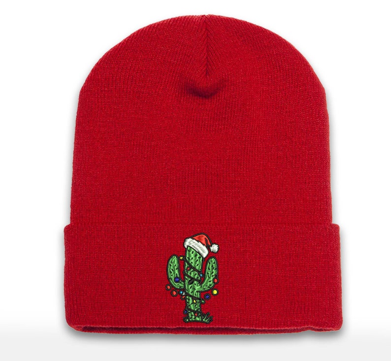 Embroidered Christmas Cactus Tree Beanie - Holiday Cuffed Hat
