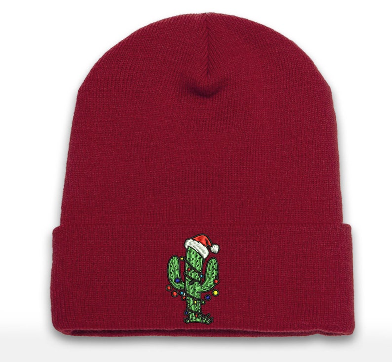 Embroidered Christmas Cactus Tree Beanie - Holiday Cuffed Hat
