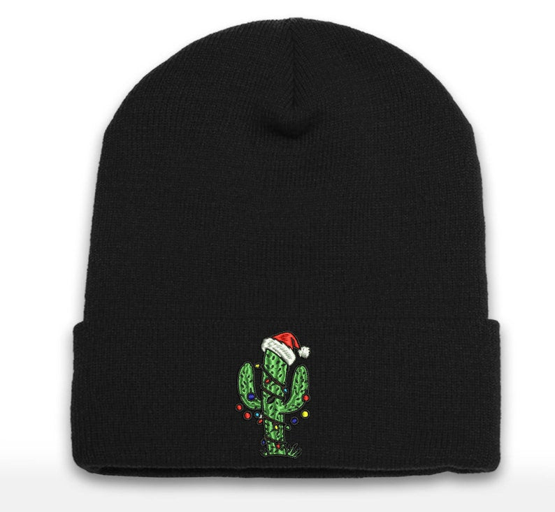 Embroidered Christmas Cactus Tree Beanie - Holiday Cuffed Hat