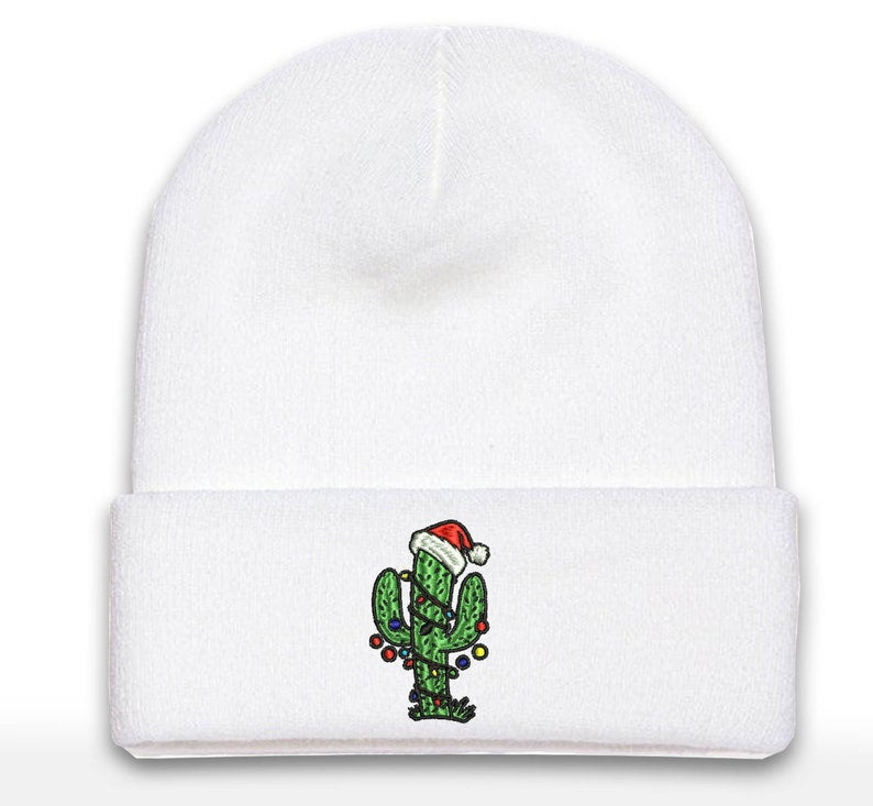Embroidered Christmas Cactus Tree Beanie - Holiday Cuffed Hat