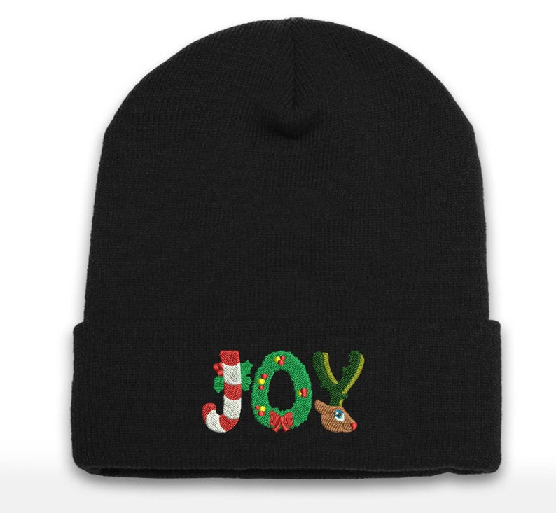 Embroidered JOY Christmas Beanie: Holiday Cuffed Cap