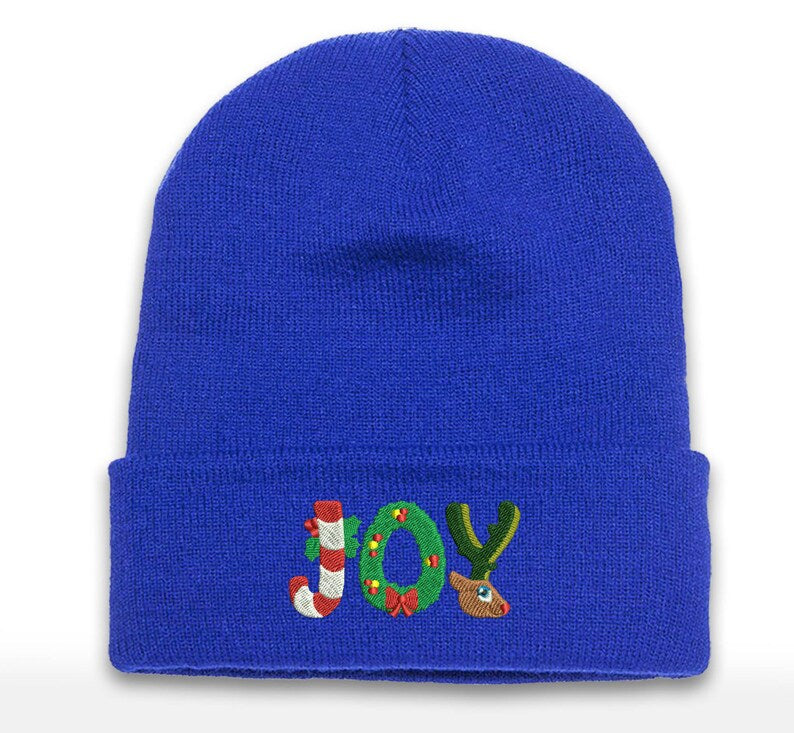 Embroidered JOY Christmas Beanie: Holiday Cuffed Cap
