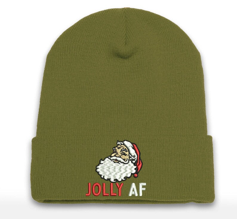 Jolly AF Santa Embroidered Beanie - Christmas Cuffed Hat