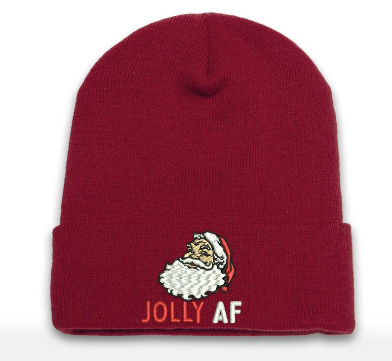 Jolly AF Santa Embroidered Beanie - Christmas Cuffed Hat