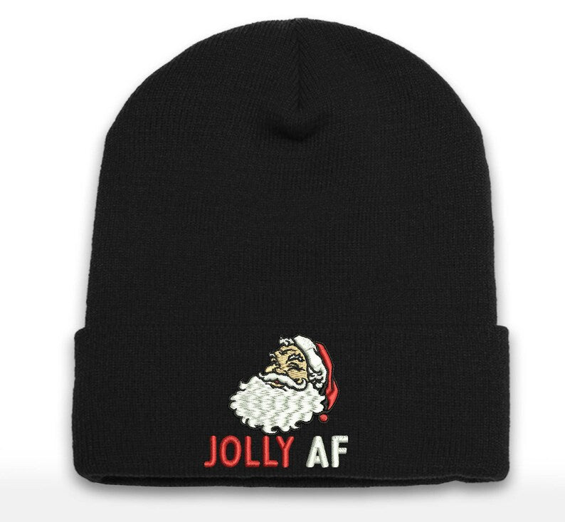 Jolly AF Santa Embroidered Beanie - Christmas Cuffed Hat