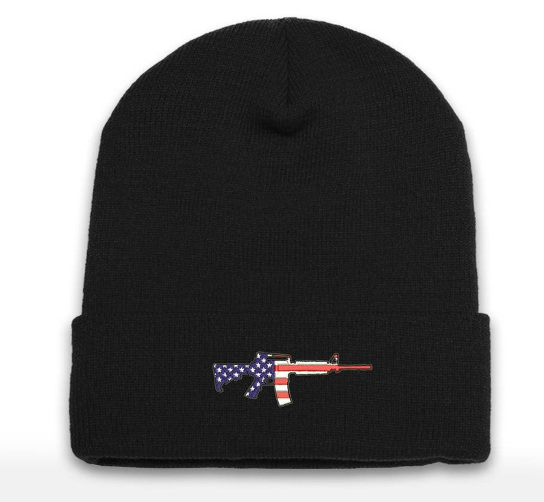 AR-15 Rifle Embroidered America Beanie Cap | Range Wear | Range Day | Cuffed Beanie