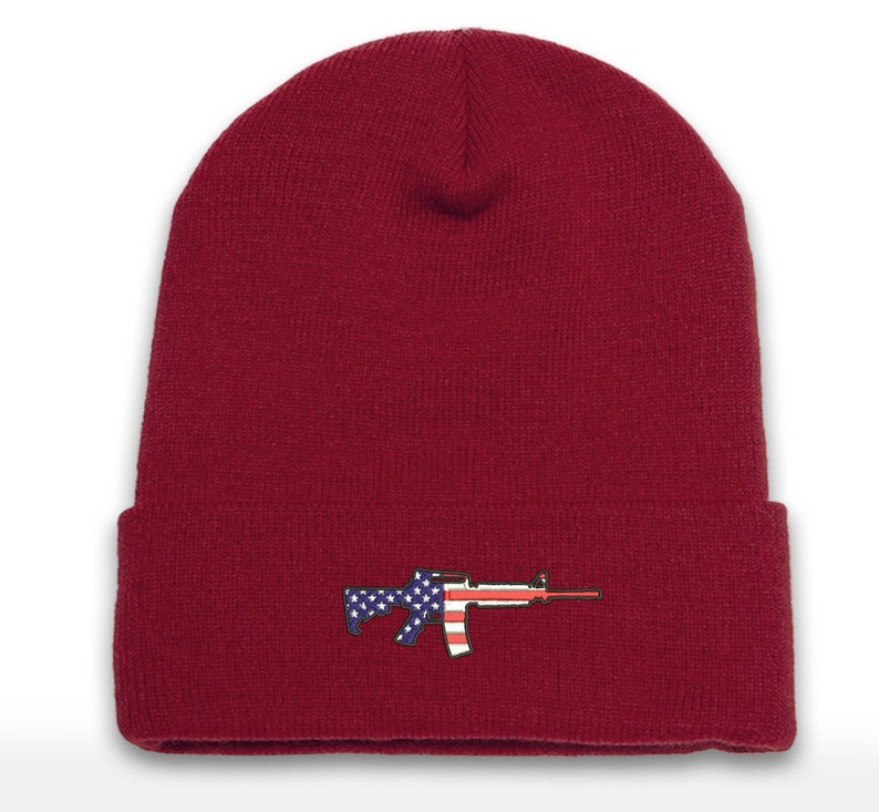 AR-15 Rifle Embroidered America Beanie Cap | Range Wear | Range Day | Cuffed Beanie