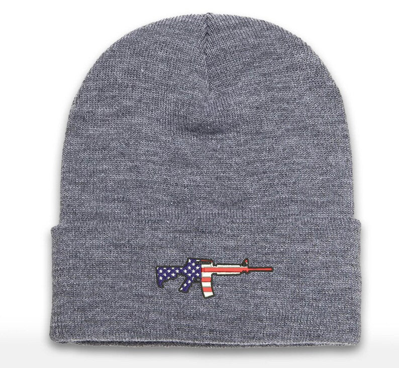 AR-15 Rifle Embroidered America Beanie Cap | Range Wear | Range Day | Cuffed Beanie