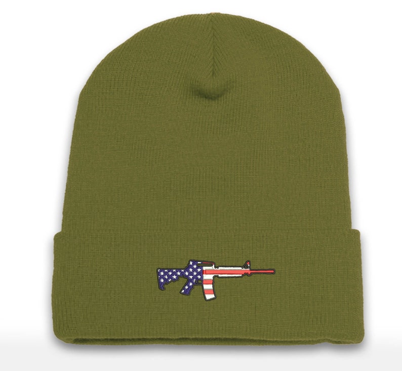 AR-15 Rifle Embroidered America Beanie Cap | Range Wear | Range Day | Cuffed Beanie
