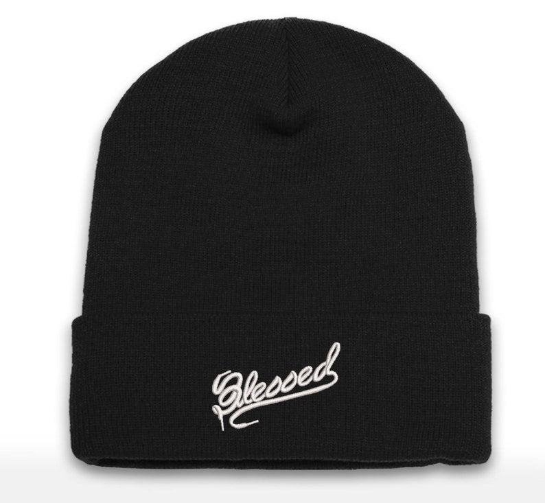 Embroidered 'Blessed' Cuffed Beanie - Sneaker Head Culture
