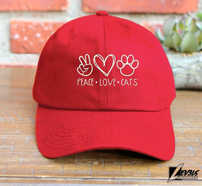 Peace Love Cats Embroidered Baseball Cap - Cat Lover Dad Hat