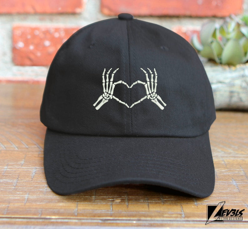 Love You To Death Embroidered Baseball Cap | Skeleton Heart Hands