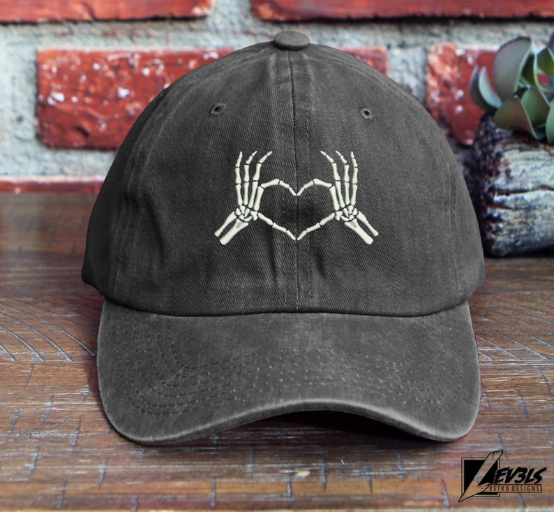 Love You To Death Embroidered Baseball Cap | Skeleton Heart Hands