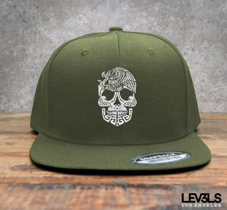 Aztec Skull Embroidered Snapback Baseball Cap | Calaca Mexicana | Mexico Skull | La Muerte