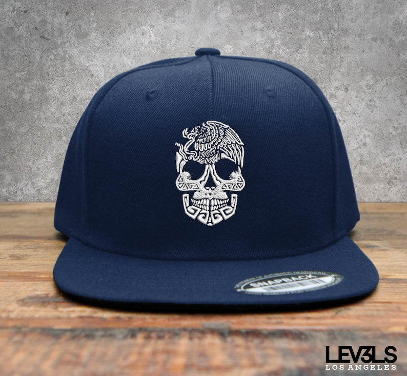 Aztec Skull Embroidered Snapback Baseball Cap | Calaca Mexicana | Mexico Skull | La Muerte