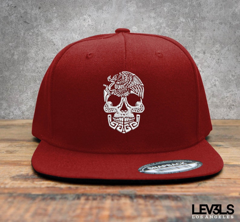 Aztec Skull Embroidered Snapback Baseball Cap | Calaca Mexicana | Mexico Skull | La Muerte