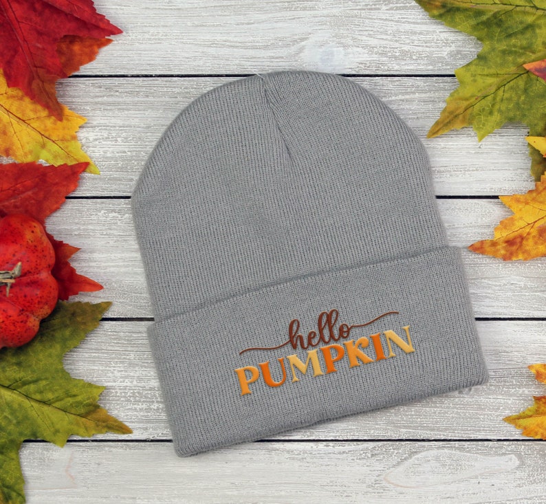 Embroidered Hello Pumpkin Beanie - Fall Cuffed Cap