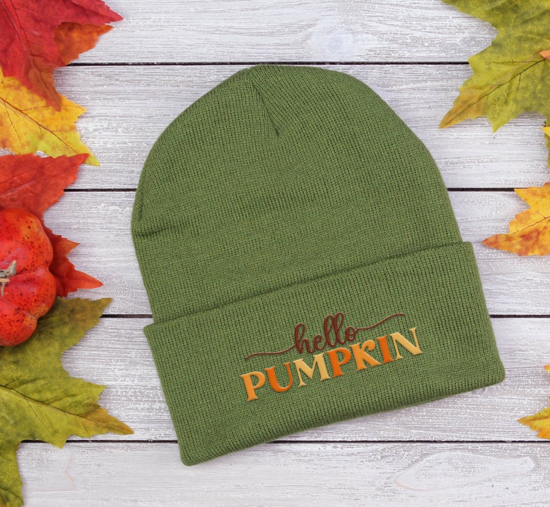 Embroidered Hello Pumpkin Beanie - Fall Cuffed Cap