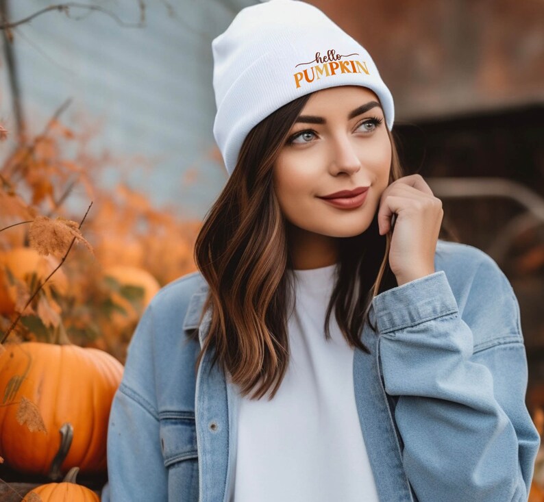 Embroidered Hello Pumpkin Beanie - Fall Cuffed Cap