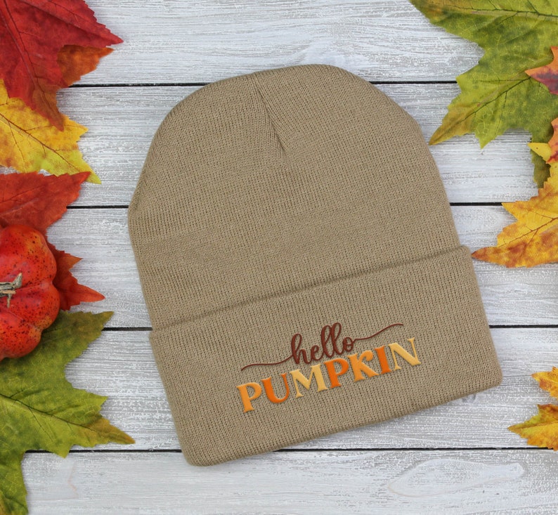 Embroidered Hello Pumpkin Beanie - Fall Cuffed Cap