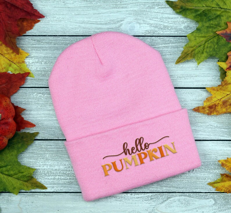 Embroidered Hello Pumpkin Beanie - Fall Cuffed Cap