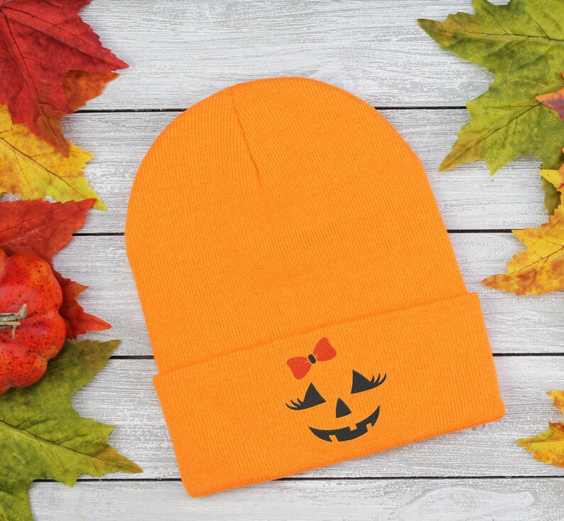Embroidered Pumpkin Face Beanie: Fall Cuffed Hat