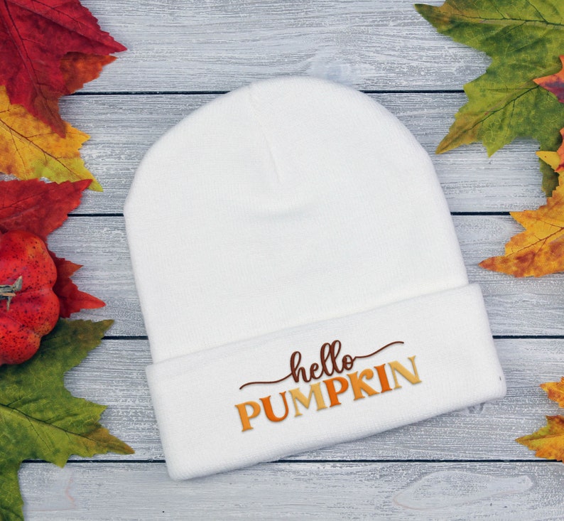 Embroidered Hello Pumpkin Beanie - Fall Cuffed Cap