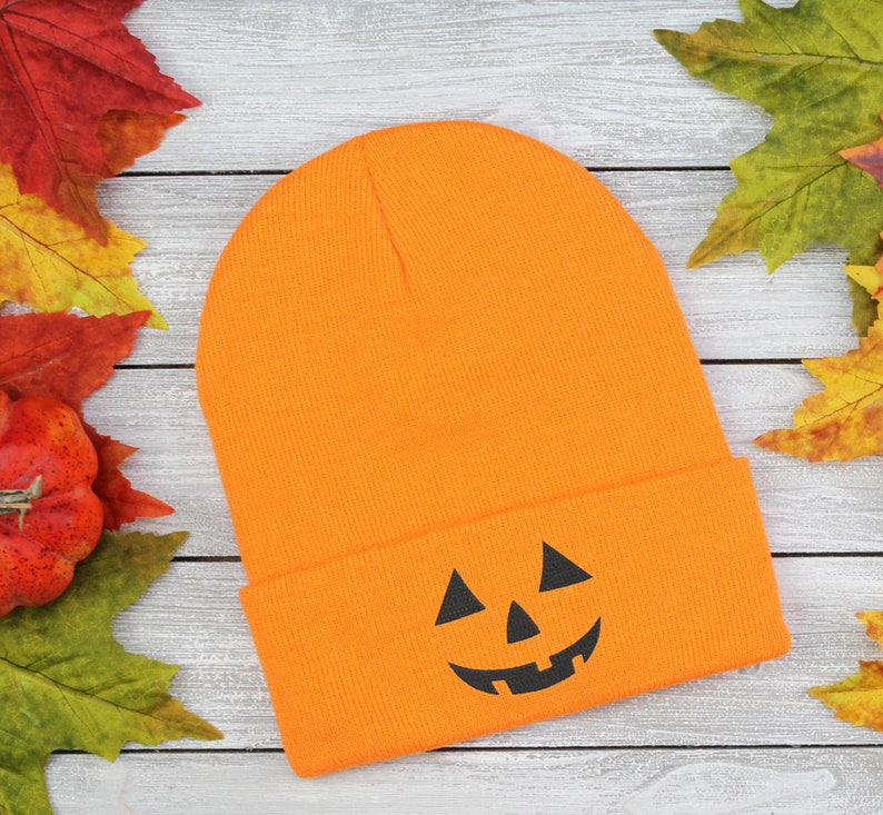 Embroidered Pumpkin Face Beanie: Fall Cuffed Hat