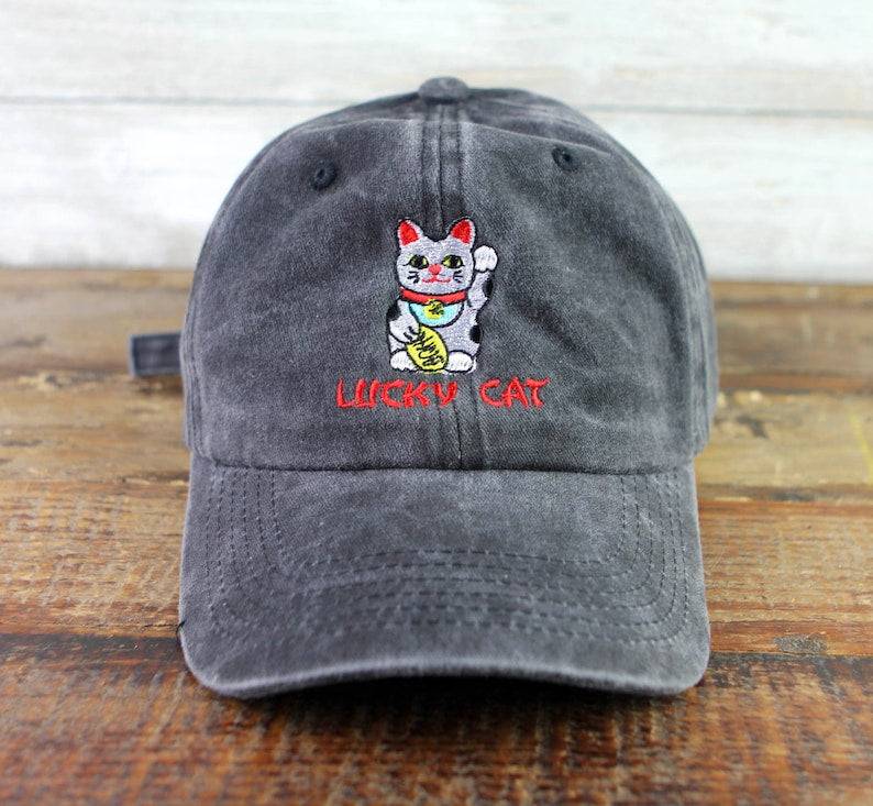 Embroidered Lucky Cat Dad Hat - Maneki-neko Baseball Cap