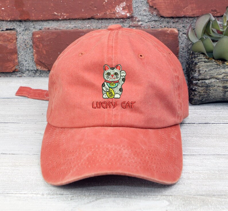 Embroidered Lucky Cat Dad Hat - Maneki-neko Baseball Cap