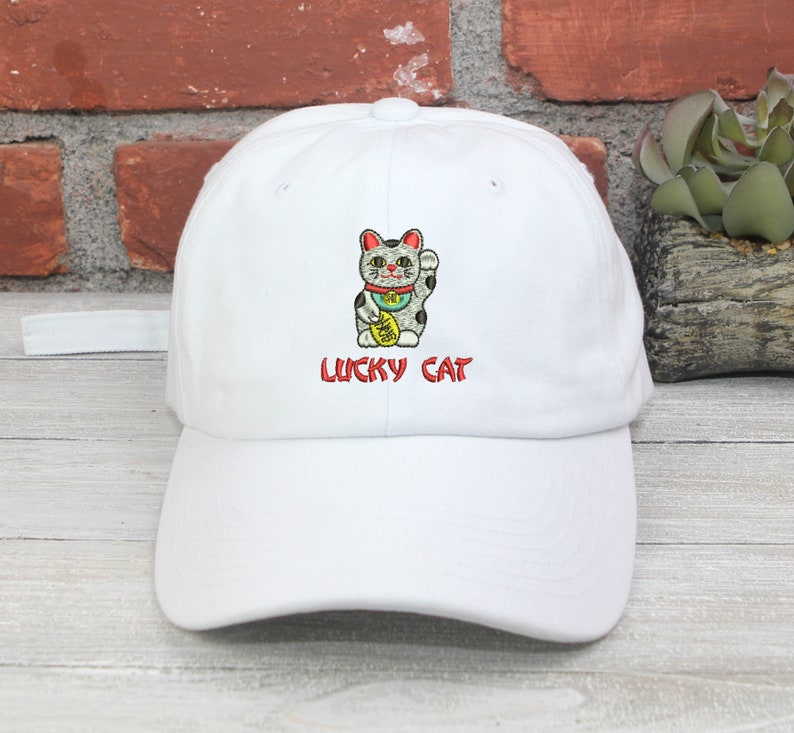 Embroidered Lucky Cat Dad Hat - Maneki-neko Baseball Cap