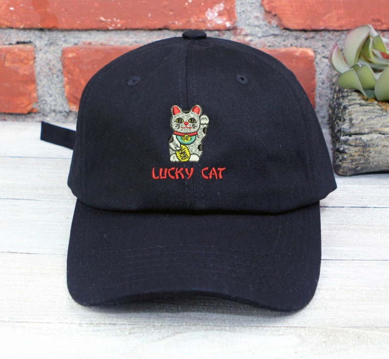 Embroidered Lucky Cat Dad Hat - Maneki-neko Baseball Cap
