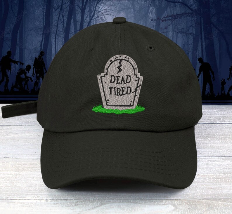 DEAD TIRED Embroidered Baseball Cap Unisex Tombstone Work Sucks Cap Skull Halloween
