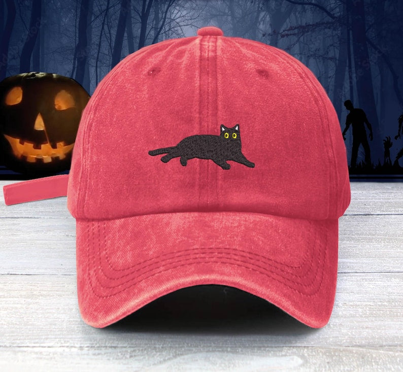 Black Cat Embroidered Baseball Cap: Unisex Halloween Dad Hat