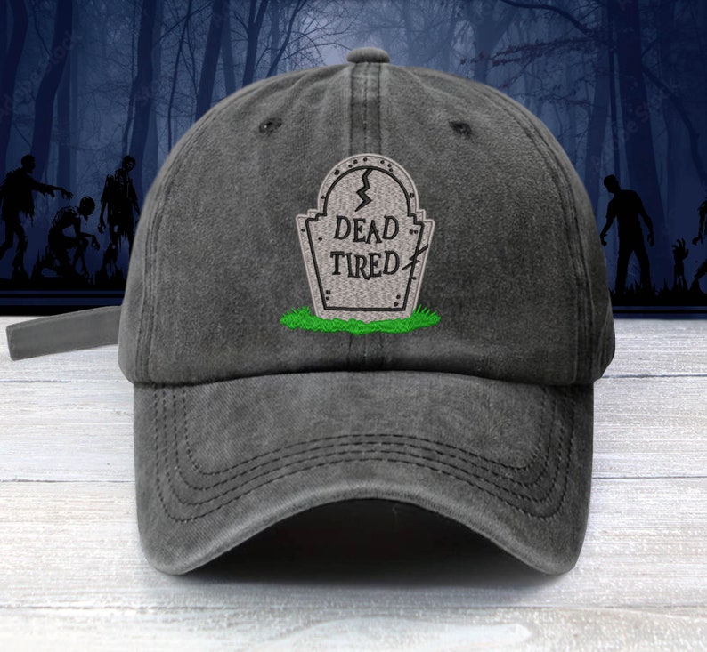 DEAD TIRED Embroidered Baseball Cap Unisex Tombstone Work Sucks Cap Skull Halloween