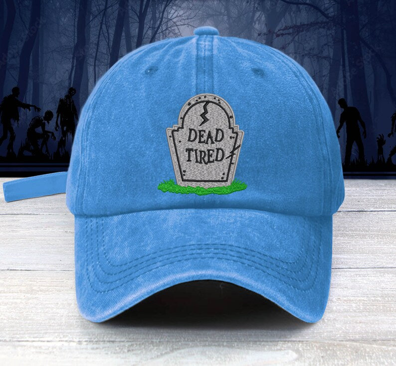 DEAD TIRED Embroidered Baseball Cap Unisex Tombstone Work Sucks Cap Skull Halloween