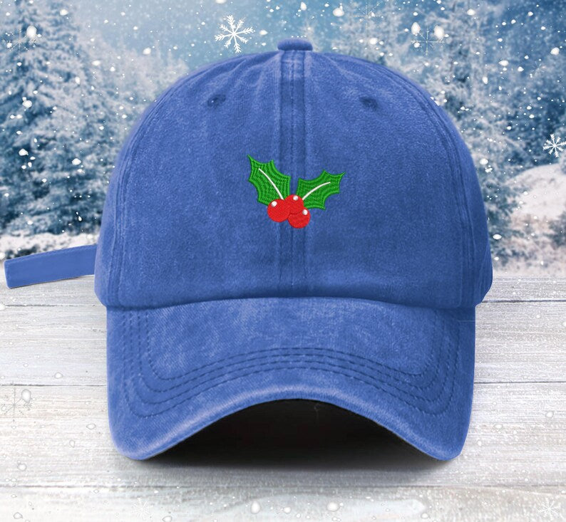 Christmas Holly Embroidered Baseball Cap: Low Profile Cotton Hat
