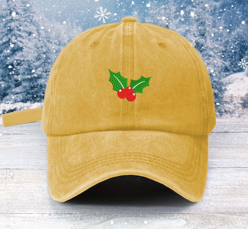 Christmas Holly Embroidered Baseball Cap: Low Profile Cotton Hat