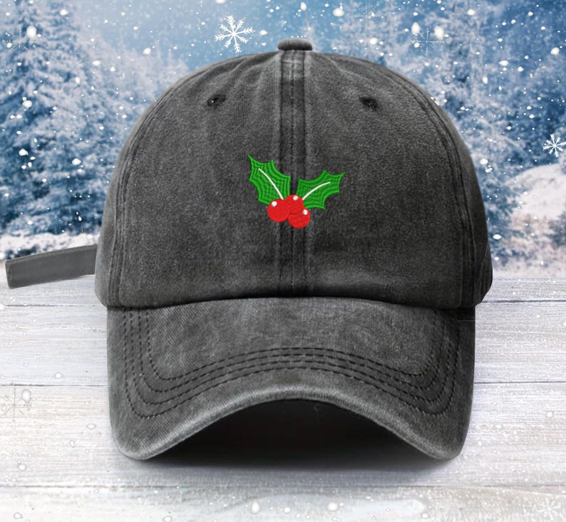 Christmas Holly Embroidered Baseball Cap: Low Profile Cotton Hat