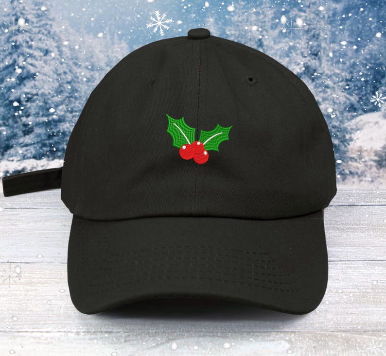 Christmas Holly Embroidered Baseball Cap: Low Profile Cotton Hat