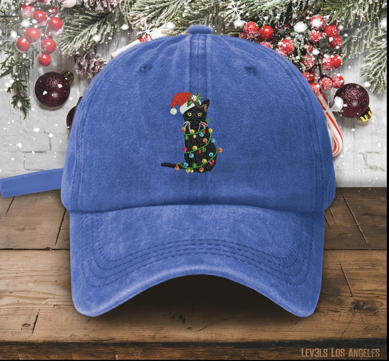 Embroidered Christmas Cat Baseball Cap - Santa Hat Holiday Dad Hat