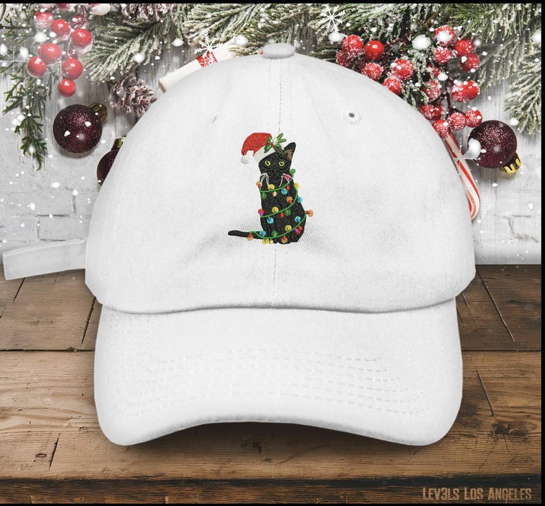 Embroidered Christmas Cat Baseball Cap - Santa Hat Holiday Dad Hat