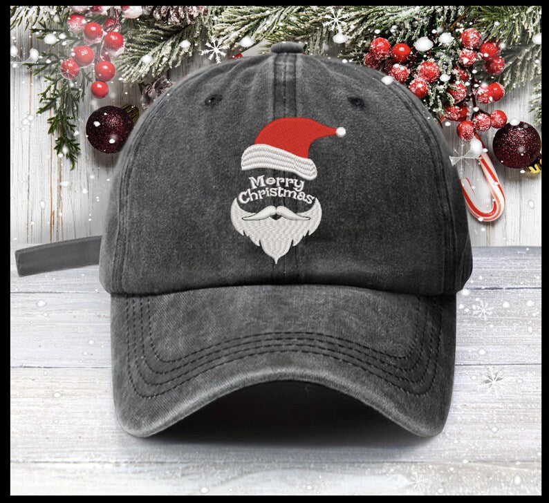 Embroidered Santa Face Baseball Cap - Merry Christmas Hat
