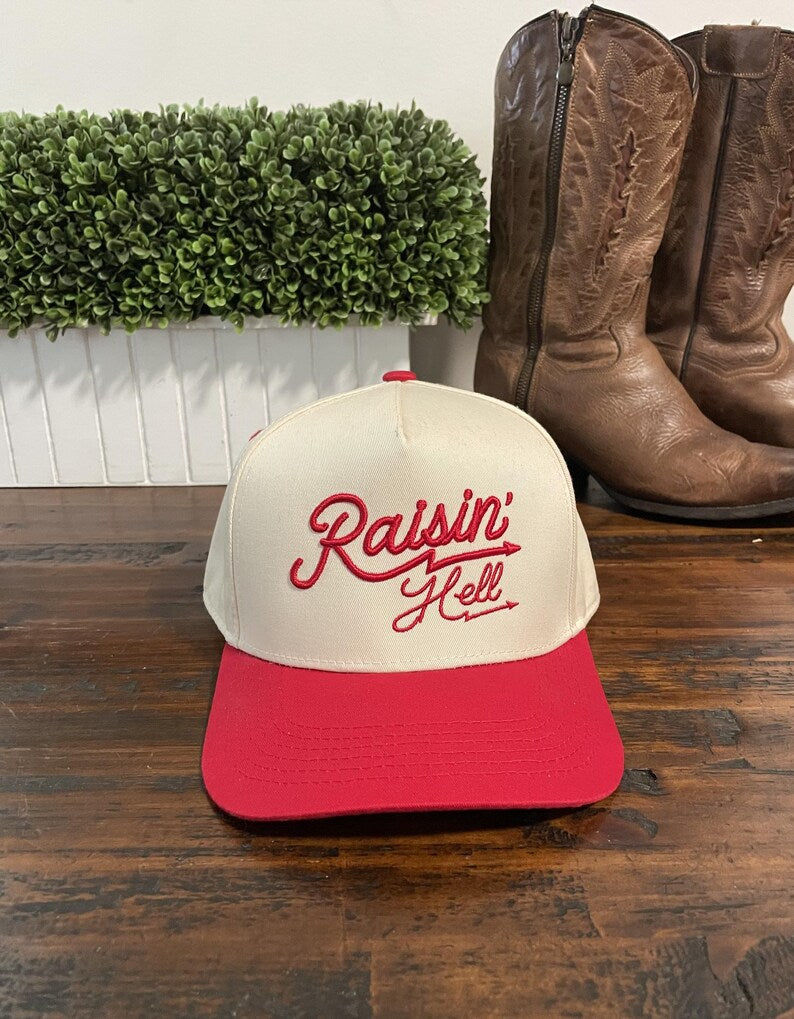 Raisin' Hell Red Bill 2 Tone Embroidered Snapback Baseball Cap Country Gal CowGirl Style