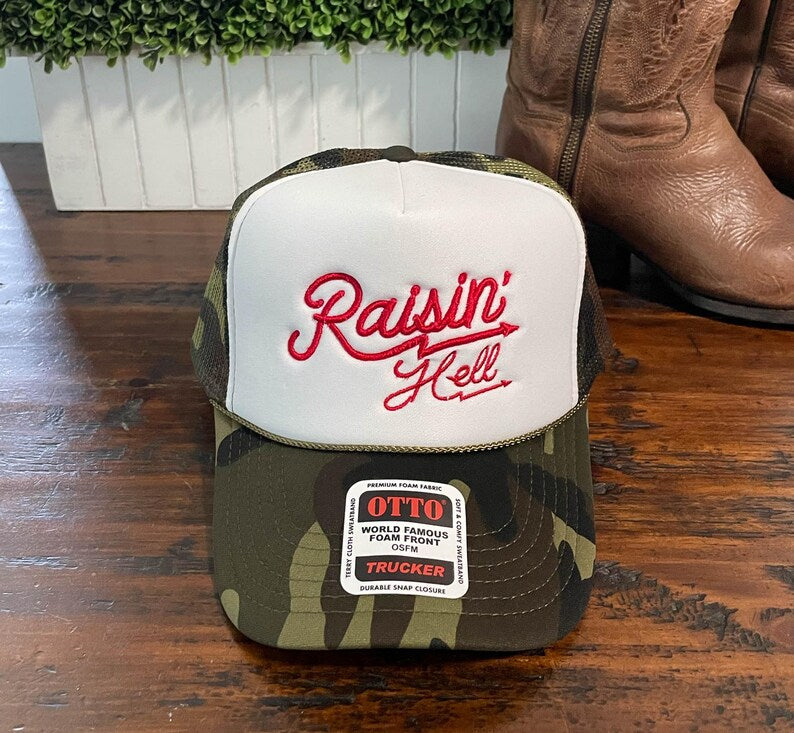 Raisin' Hell Embroidered Camo Trucker Cap Foam Trucker Mesh Country Gal CowGirl